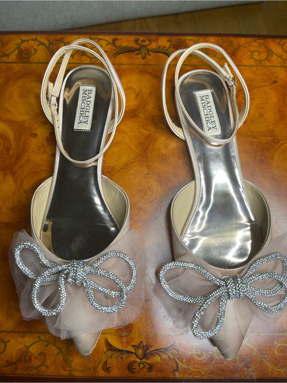 Badgley Mischka Blush Pink Pointed-Toe Ankle-Strap Flats with Crystal Bow